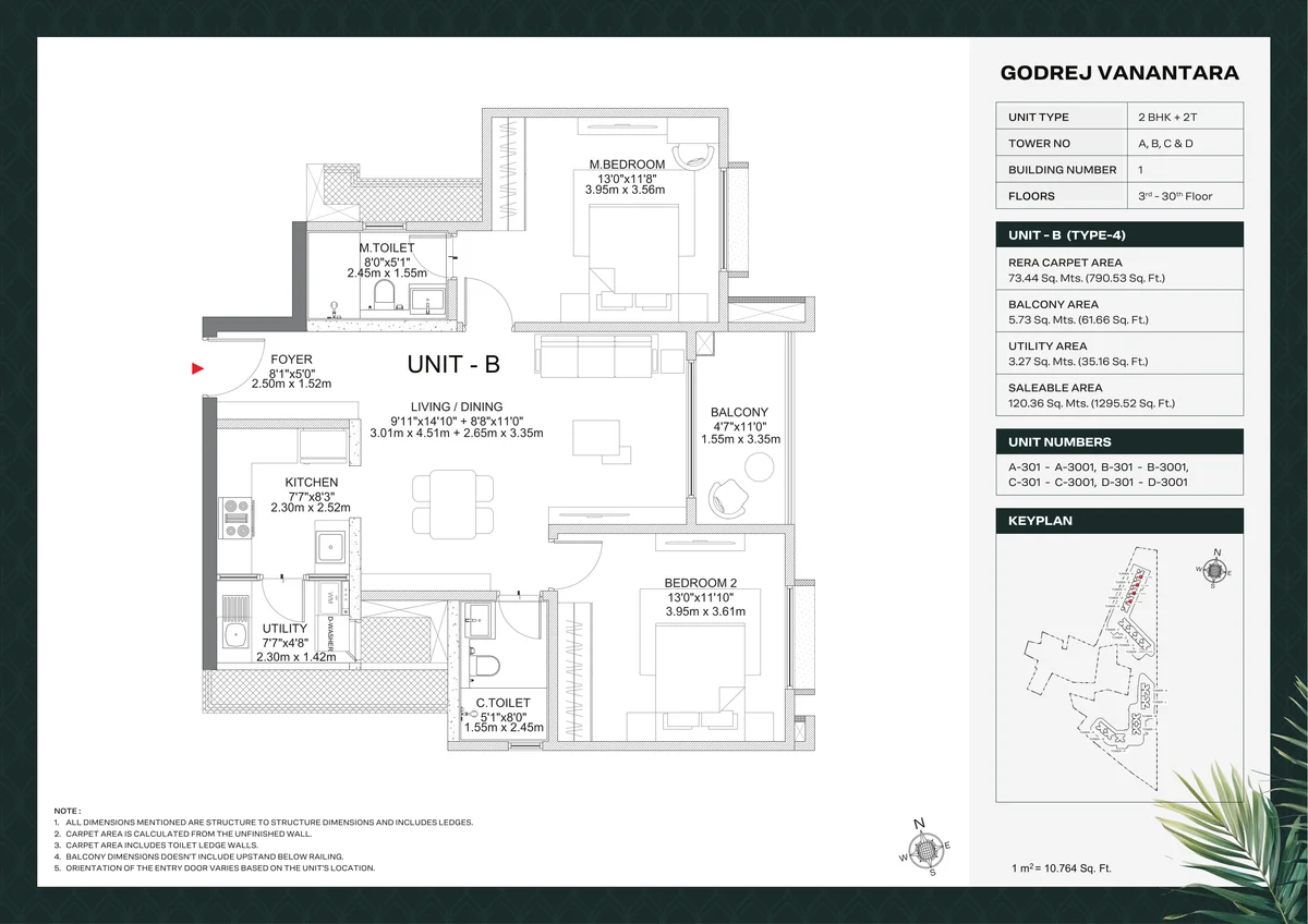 Godrej Vanantara 2 BHK Floor Plan 1295 sq.ft larger Unit-B variant Building 1 Towers A B C D