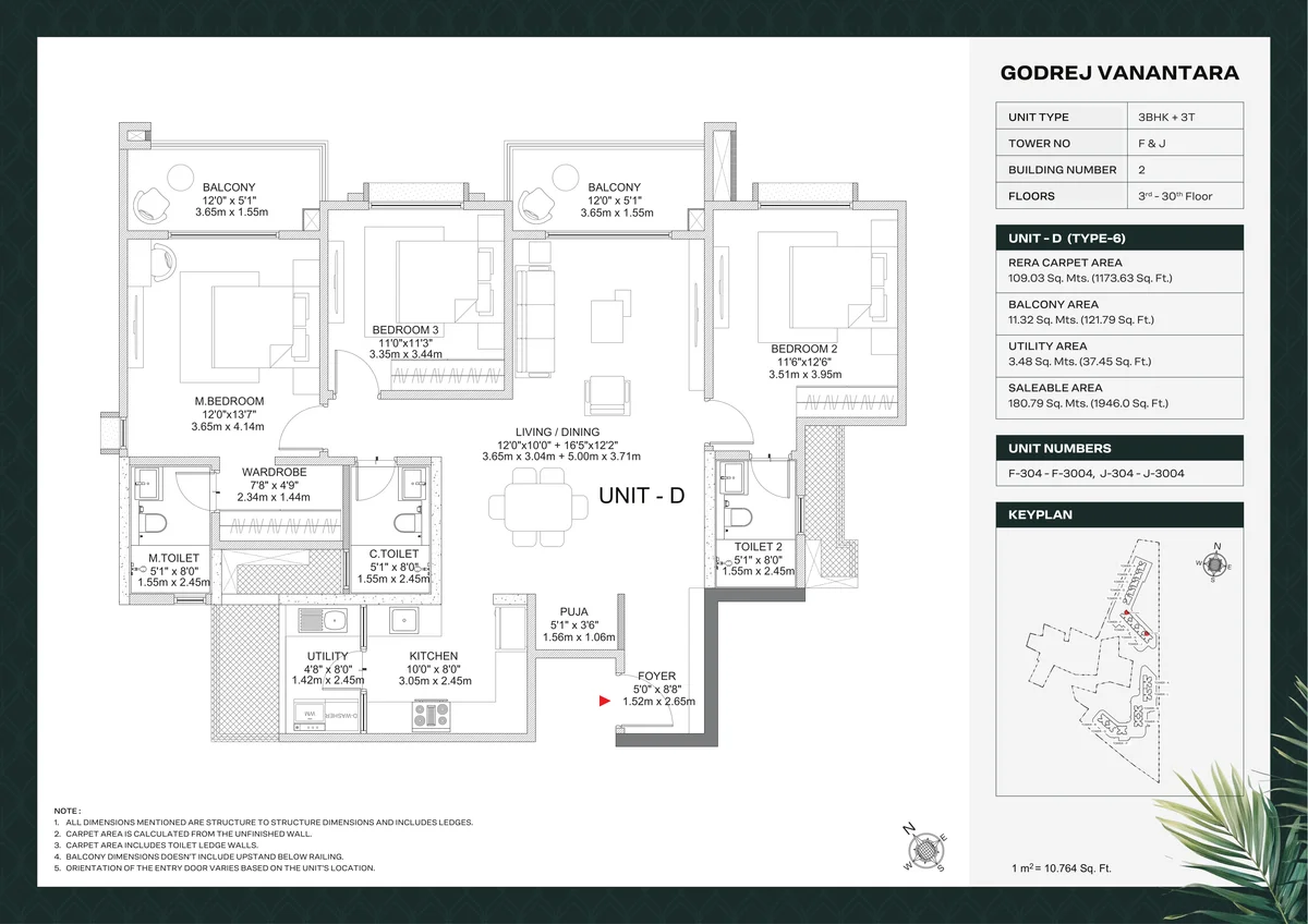 Godrej Vanantara 3 BHK Luxe Floor Plan 1946 sq.ft 3 toilets Building 2 Towers F J typical floor