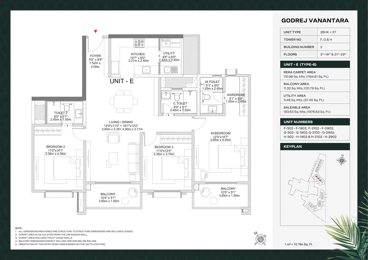 Godrej Vanantara 3 BHK Luxe Floor Plan 1976 sq.ft Building 2 Towers F G H typical floor