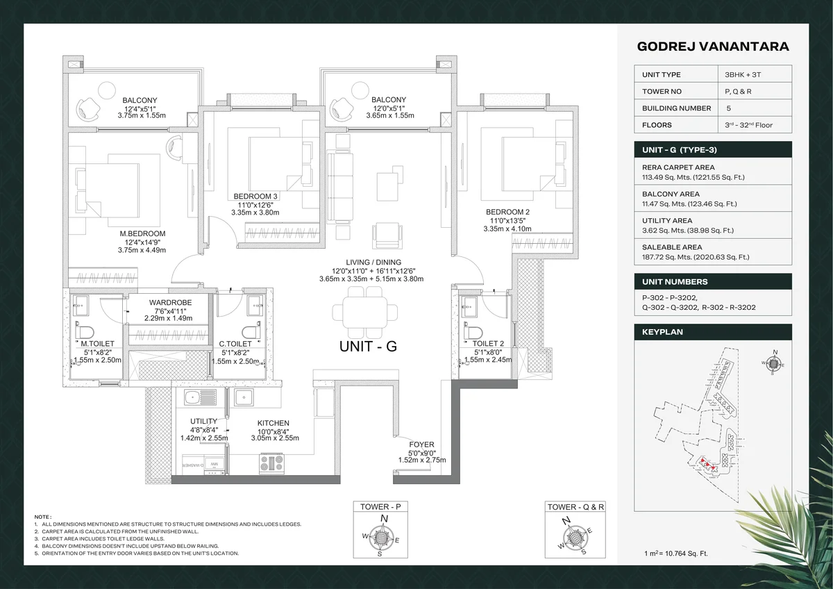 Godrej Vanantara 3 BHK Luxe Floor Plan 2020 sq.ft Building 5 Towers P Q R typical floor