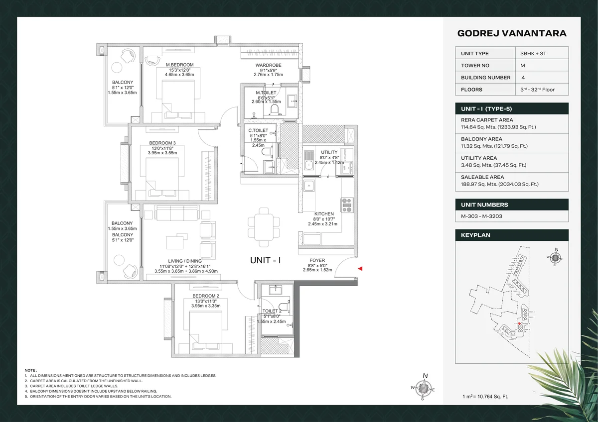 Godrej Vanantara 3 BHK Luxe Floor Plan 2034 sq.ft Building 4 Towers M N typical floor