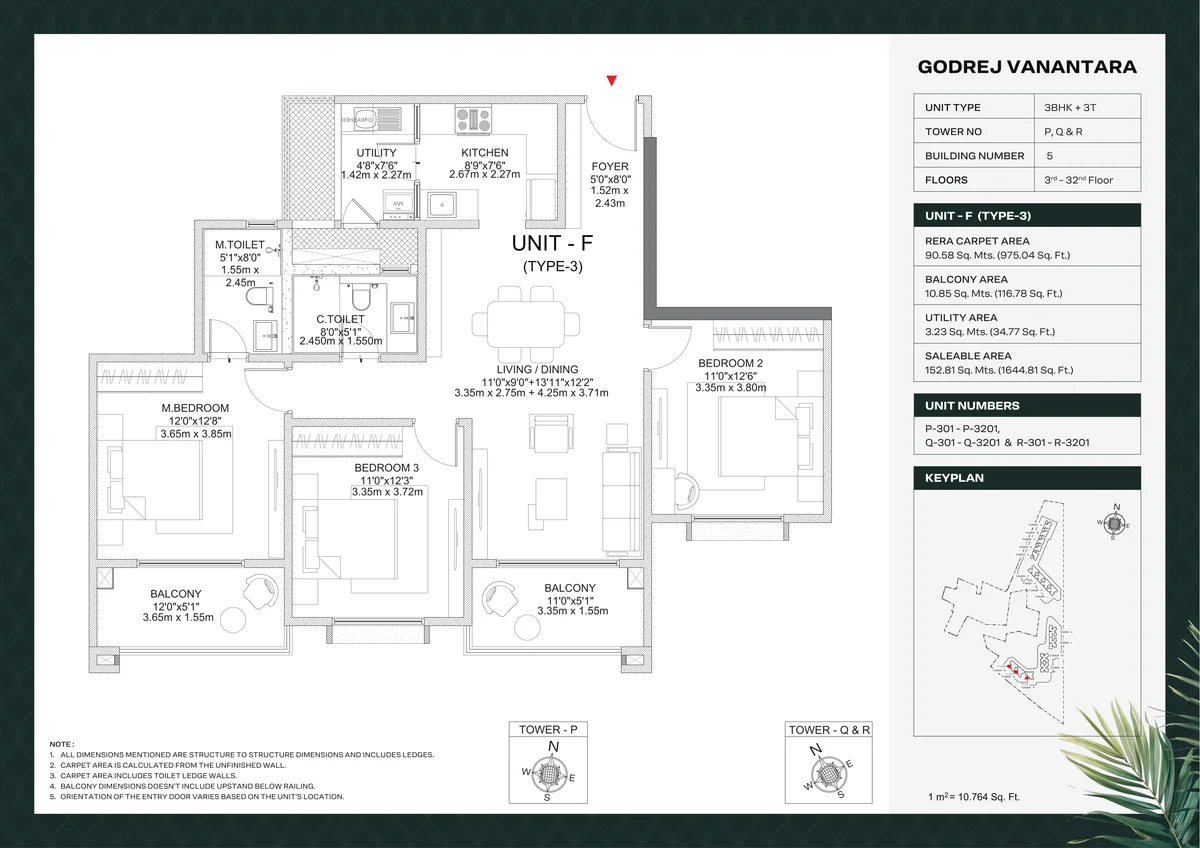 Godrej Vanantara 3 BHK Premium Floor Plan 1644 sq.ft Building 5 Towers P Q R typical floor