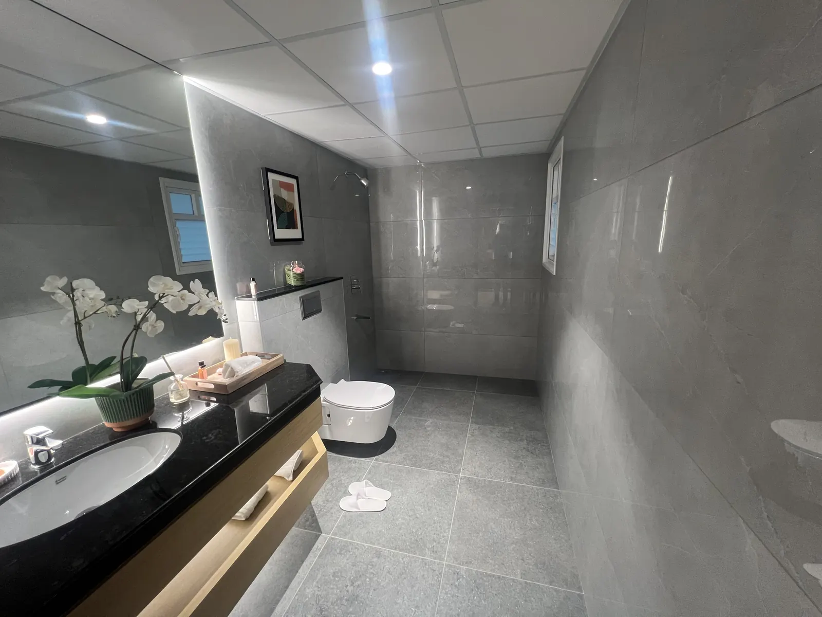 Featured Image of Godrej Vanantara 3 BHK (3T) Model Apartment Master Bathroom with grey marble finish and walk-in shower