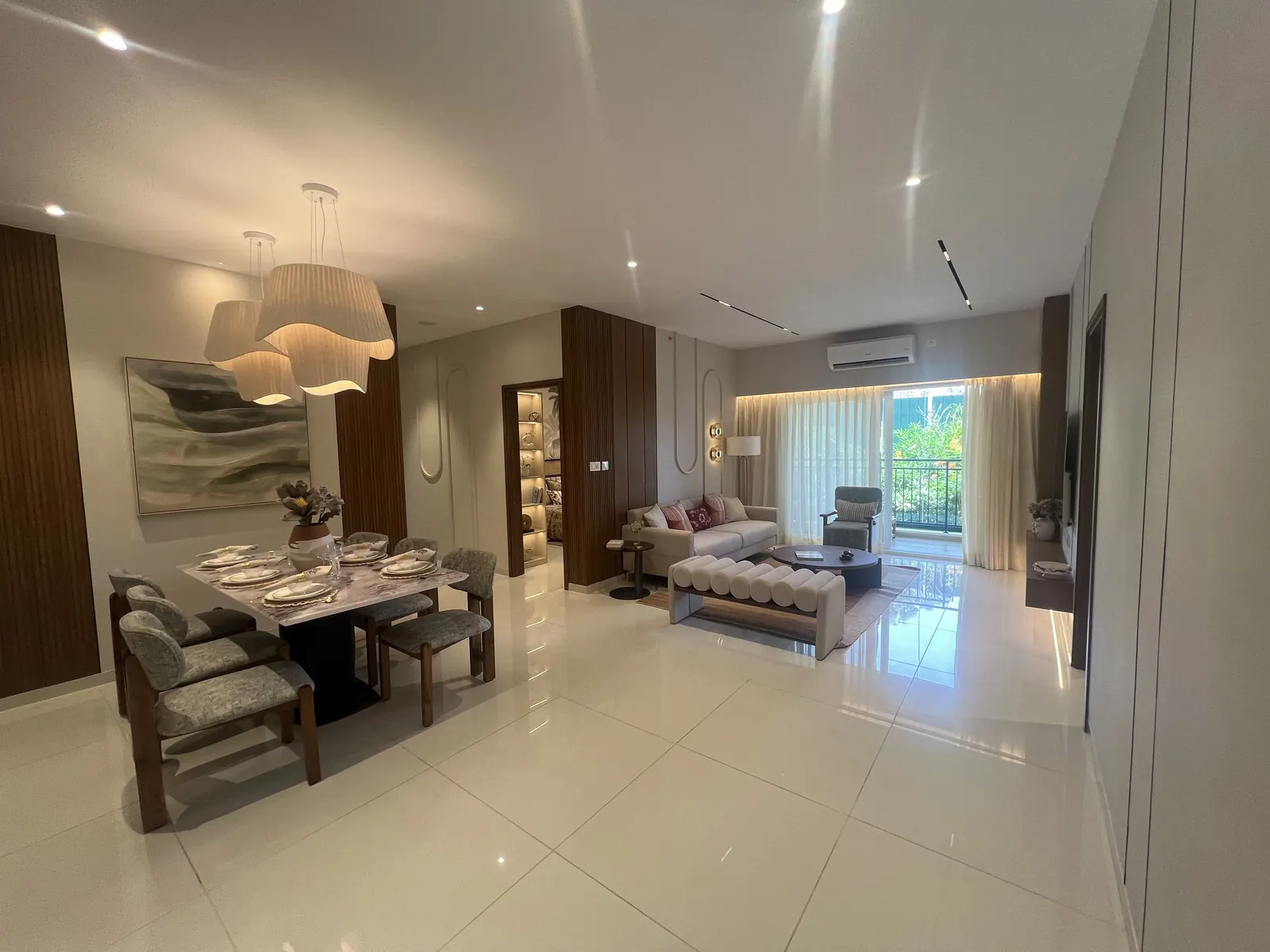 Godrej Vanantara 4.5 BHK Apartment Floor Plan - actual living dining area with woven pendant lighting